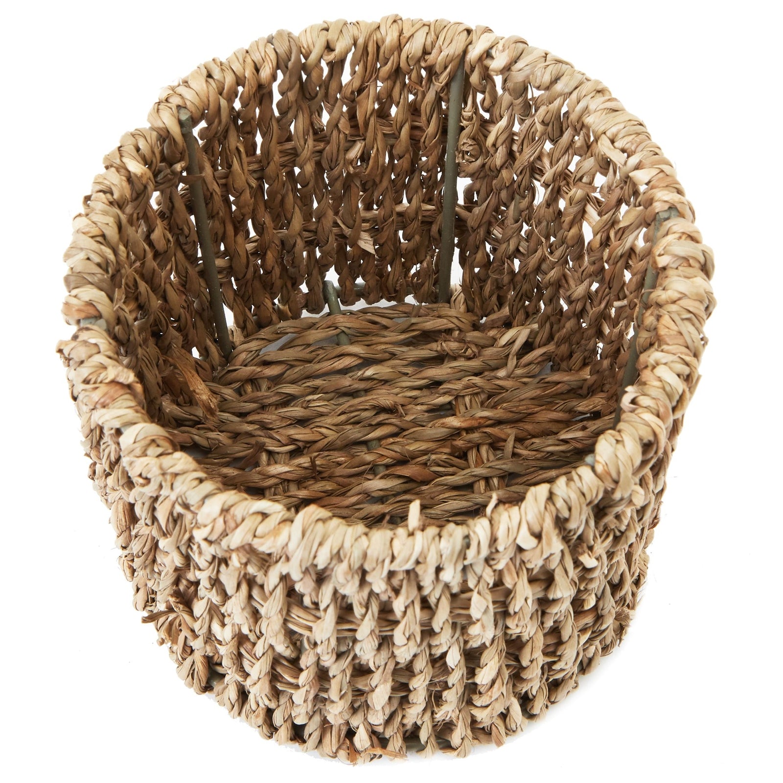 Set of 3 Wicker Round Storage Baskets for Shelves with Rectangular Seagrass Tray, Brown