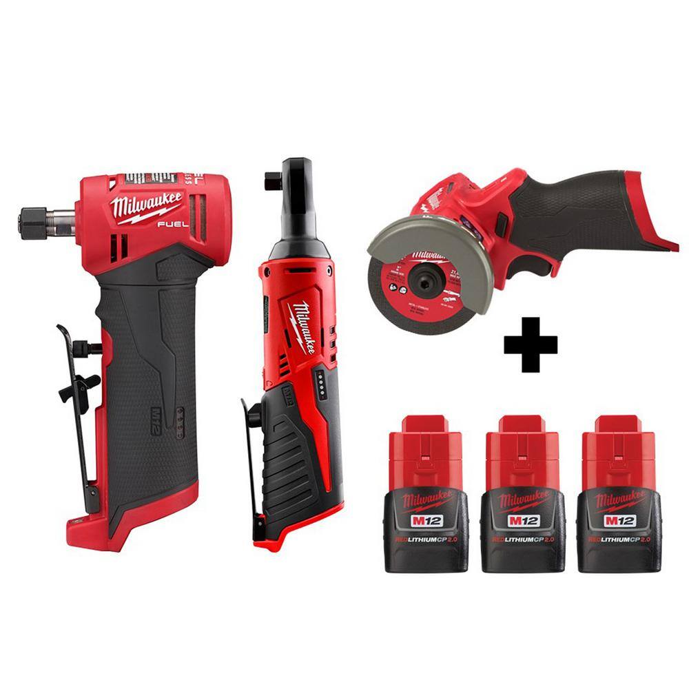 MW M12 FUEL 12V Lithium-Ion Brushless Cordless 14 in. Right Angle Die GrinderRatchetCut Off Saw Combo Kit 2485-20-2457-20-2522-20-48-11-2420x2