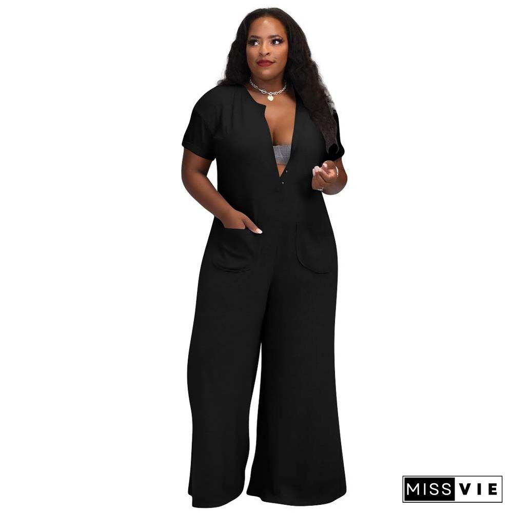 Solid Short Sleeve Loose Plus Size Wide Leg Jumpsuit