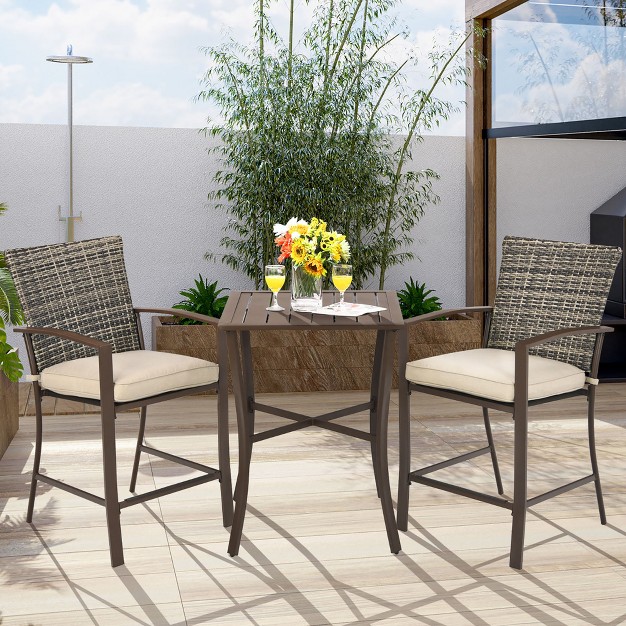 Costway 3pcs Patio Rattan Bar Furniture Set Slat Table 2 Cushioned Stools Poolside Brown