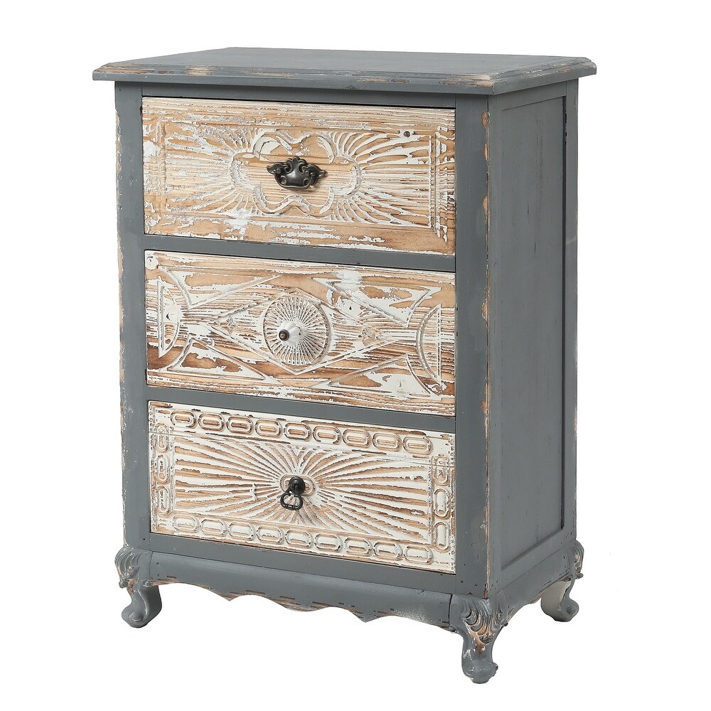 Rustic Weathered Grey Carved Wood 3 drawer Chest Nightstand