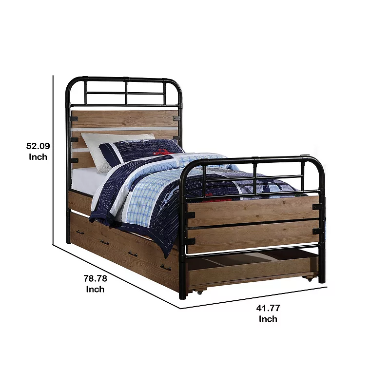 Industrial Style Metal and Wood Twin Size Bed with Slated Headboard， Black and Brown