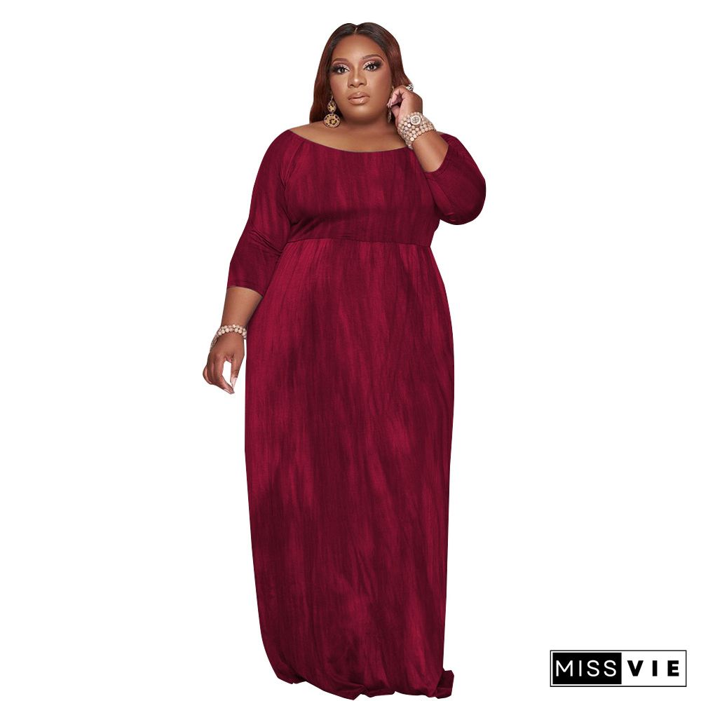 Plus Size Print Long Sleeve Floor Length Dress