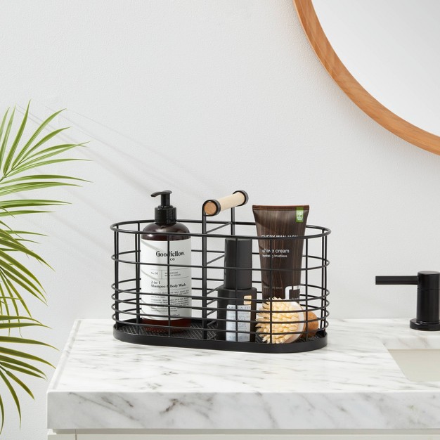 Divided Wire Basket With Wood Handle Black