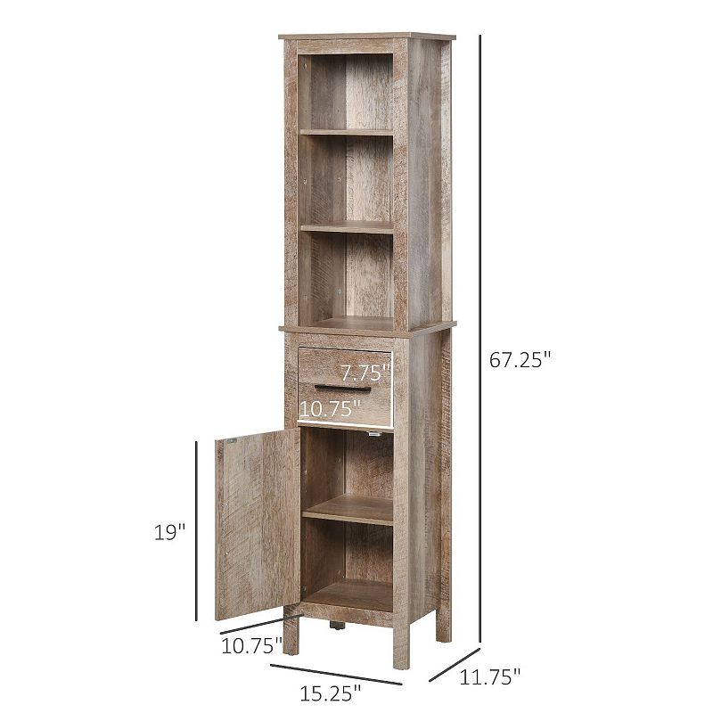 kleankin Tall Bathroom Storage Cabinet Freestanding Linen Tower with 3 Tier Open Adjustable Shelves Cupboard and Drawer Narrow Slim Floor Organizer