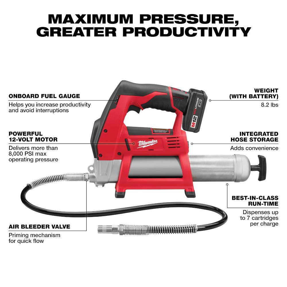 MW M12 12-Volt Lithium-Ion Cordless Grease Gun Kit with One 3.0 Ah Battery Charger and Tool Bag with M12 38 in. Ratchet 2446-21XC-2457-20