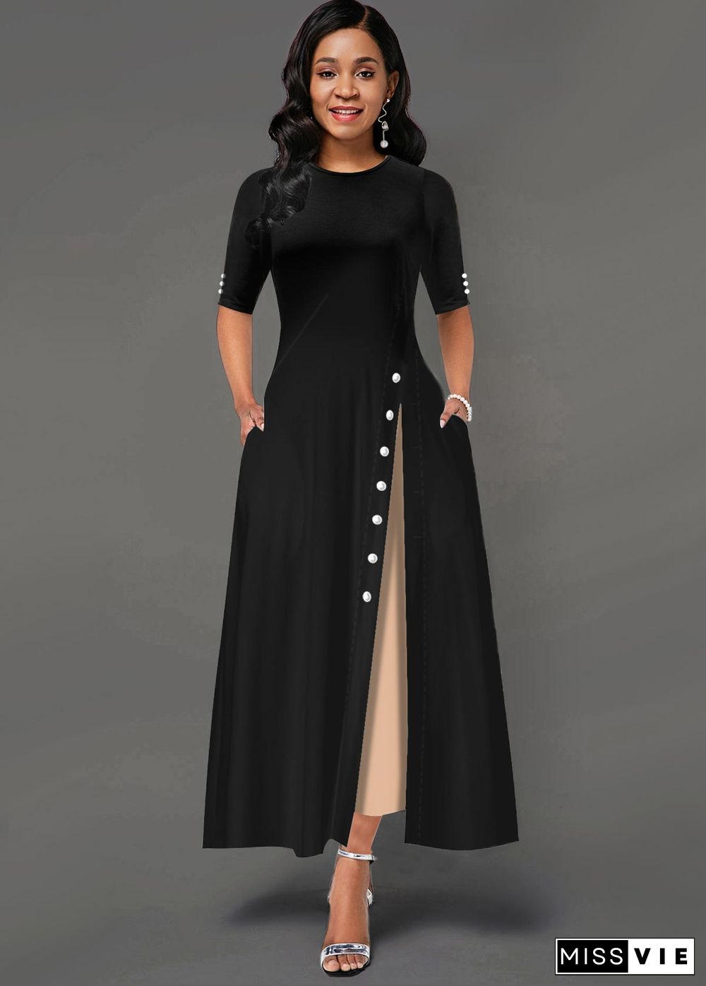 Inclined Button Side Pocket Contrast Maxi Dress