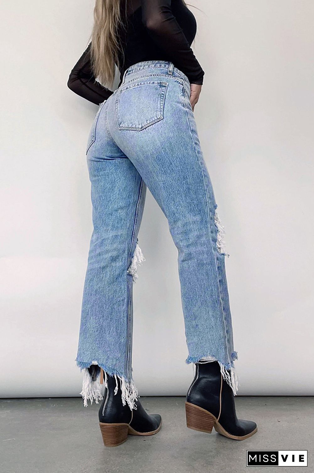 Ripped Hole Straight Jeans Pants