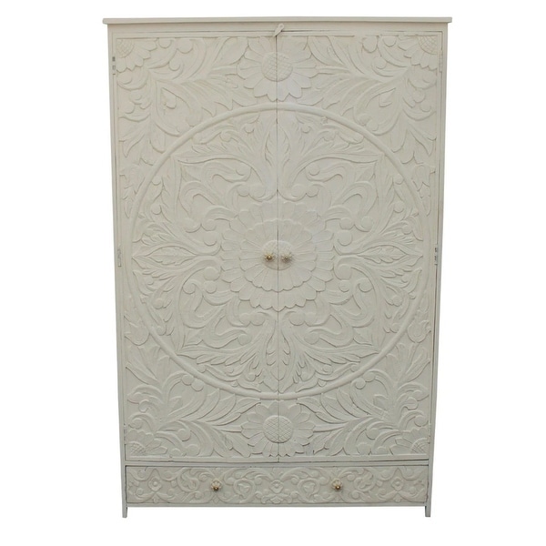 Indian Hand Carved Floral Design Solid Wooden Wardrobe/ Armoire - - 35095308