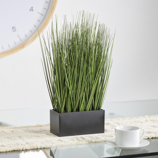 Faux Foliage Onion Grass Artificial Plant with Black Rectangular Plastic Pot