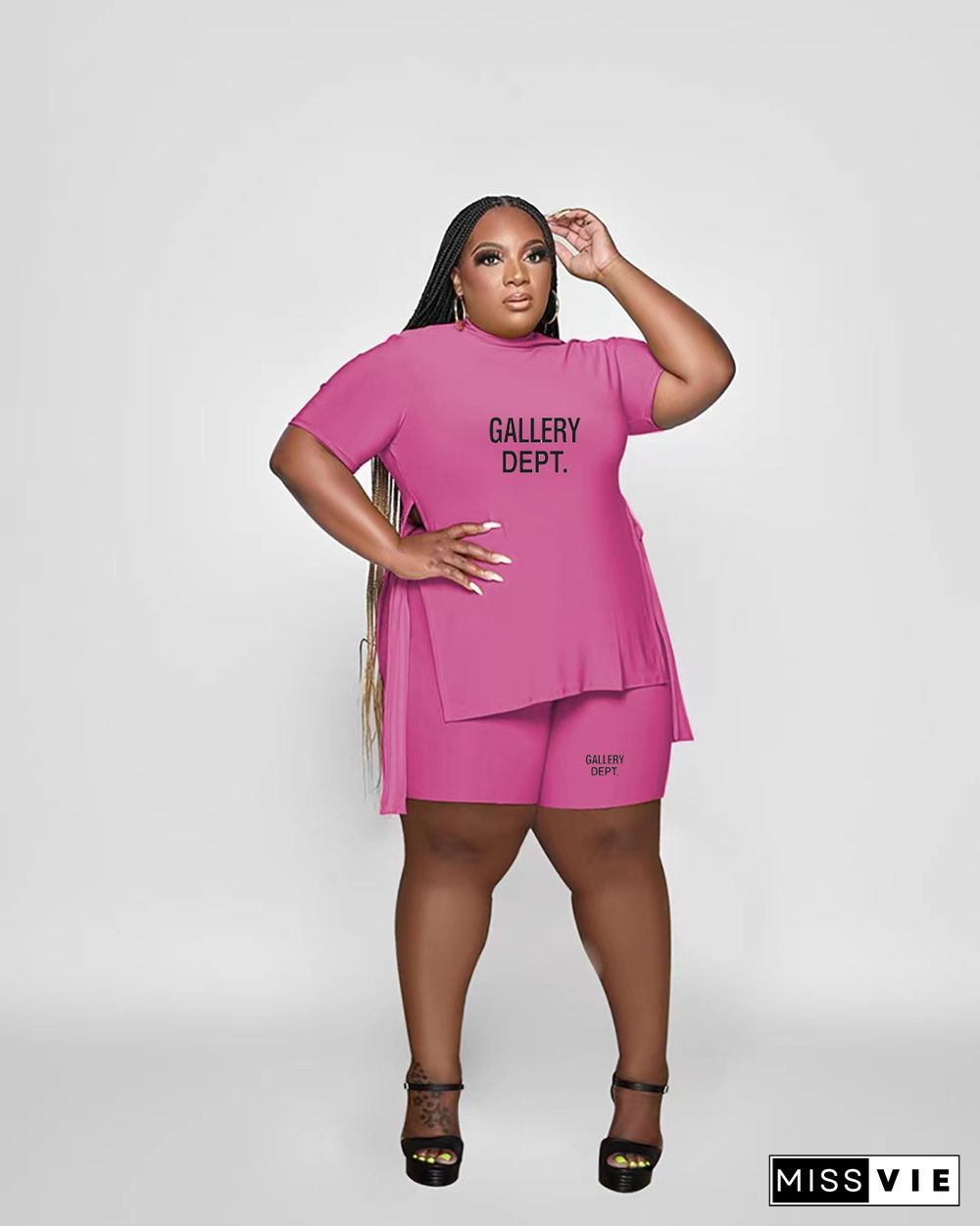 5XL Plus Size Side Slit T Shirts and Shorts Two Piece Set