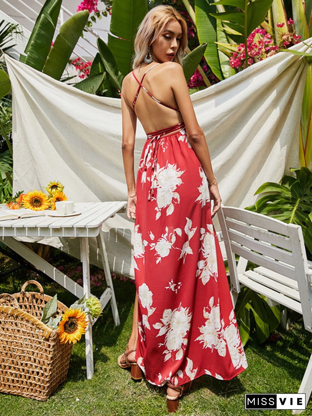 Floral Print Thigh Split Backless Cami Maxi Wrap Dress