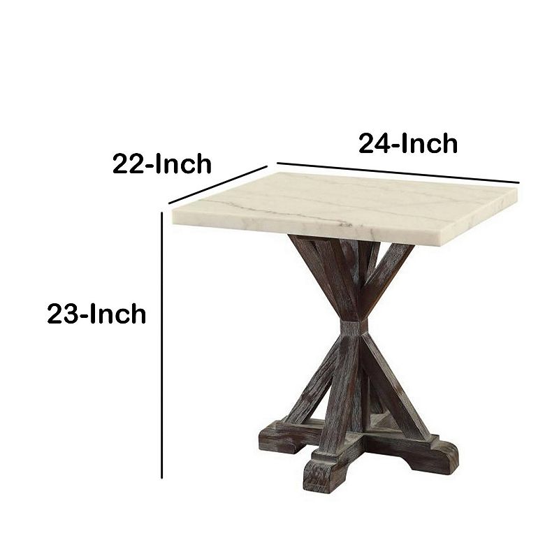 Marble Top End Table With Wooden Tri Pod Base， White And Espresso Brown