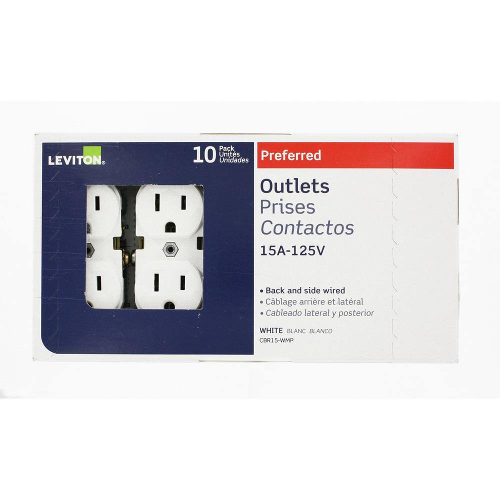 Leviton 15 Amp Commercial Grade Duplex Outlet White (10 Pack) M22-CBR15-WMP