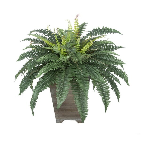 Faux Fern in Short Wood Washed Planter