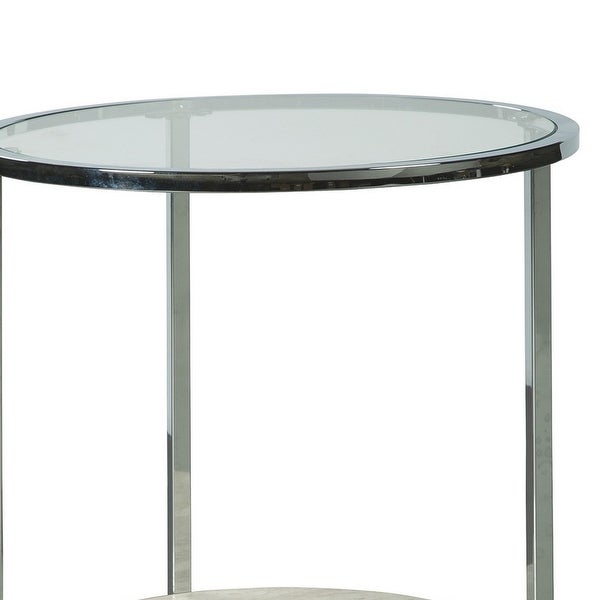 48 Inches Round Glass Top End Table with Stone Shelf， Clear and Chrome