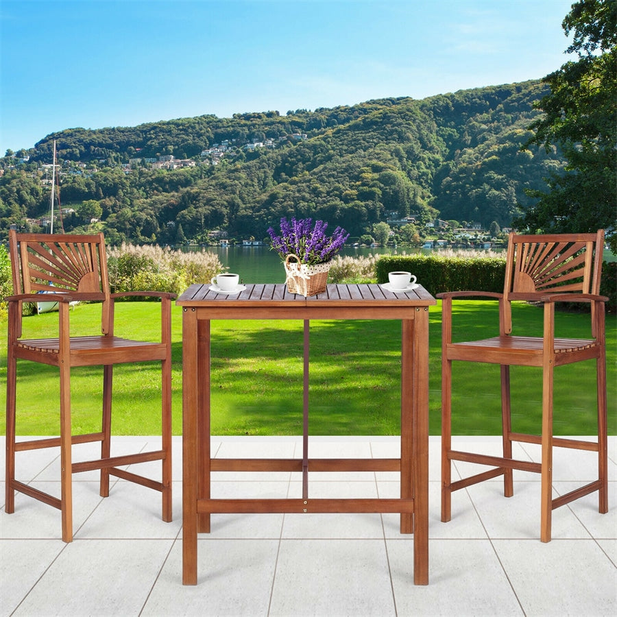 3 Pcs Acacia Wood Dining Set Outdoor Patio Bar Table Set Bistro Set with Two Bar Stools