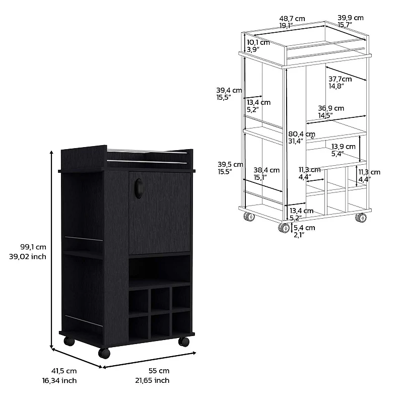 DEPOT E-SHOP Fraser Bar Cart with 6 Built-in Wine Rack and Casters， Black