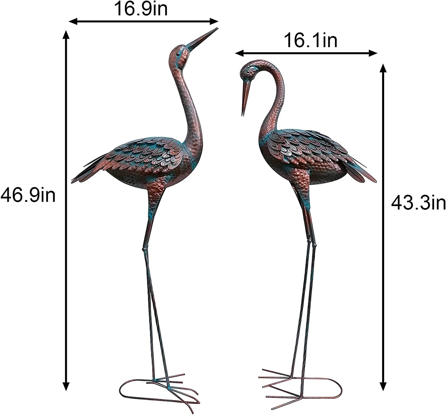 aboxoo Garden Crane Statue Decor ,Large Patina Heron Decoy and Standing Metal Sculptures Metal Outdoor Yard Art Statue for Lawn Patio Backyard Decoration, Set of 2