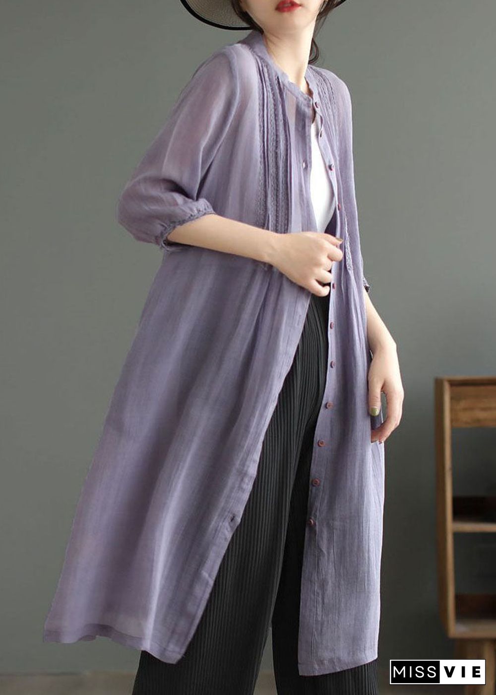 Art Purple Stand Collar Wrinkled Patchwork Linen Shirts Dresses Summer