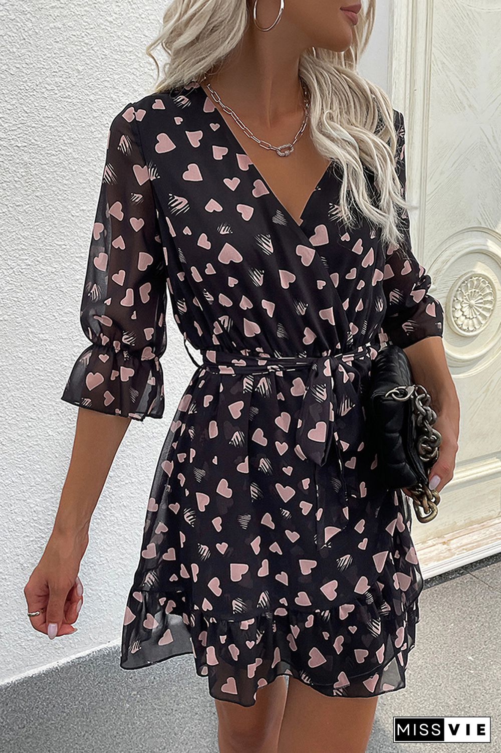 Heart Print V-neck Half Sleeve Mini Dress Wholesale