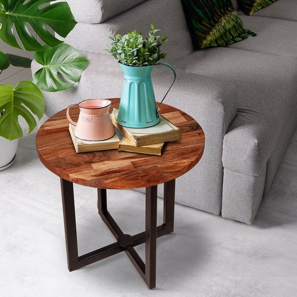 18 Inch Round End Side Table， Solid Acacia Wood Tabletop with X Shape Base