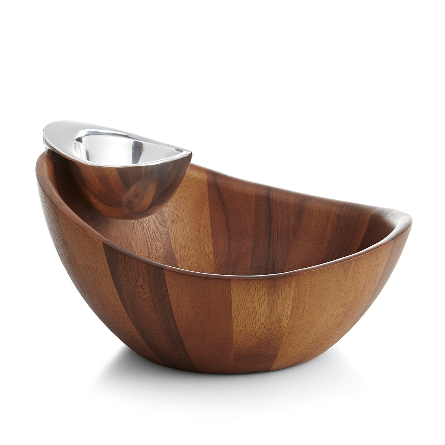 Nambe  Serveware Collection  Harmony Chip and Dip Bowl  Measures at 12 x 65  Made with Acacia Wood and Nambe Alloy  Designed by Wei Young