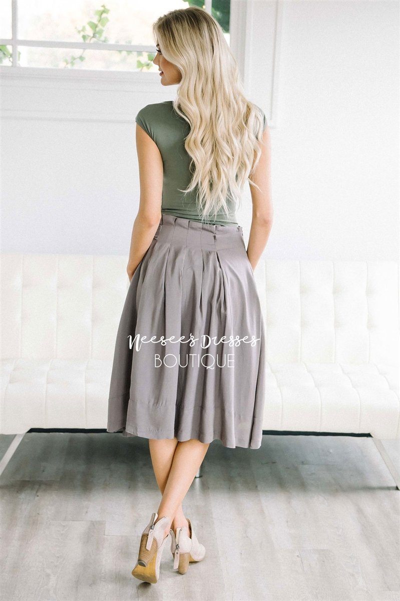 Muted Gray Tie Waist Full Skirt