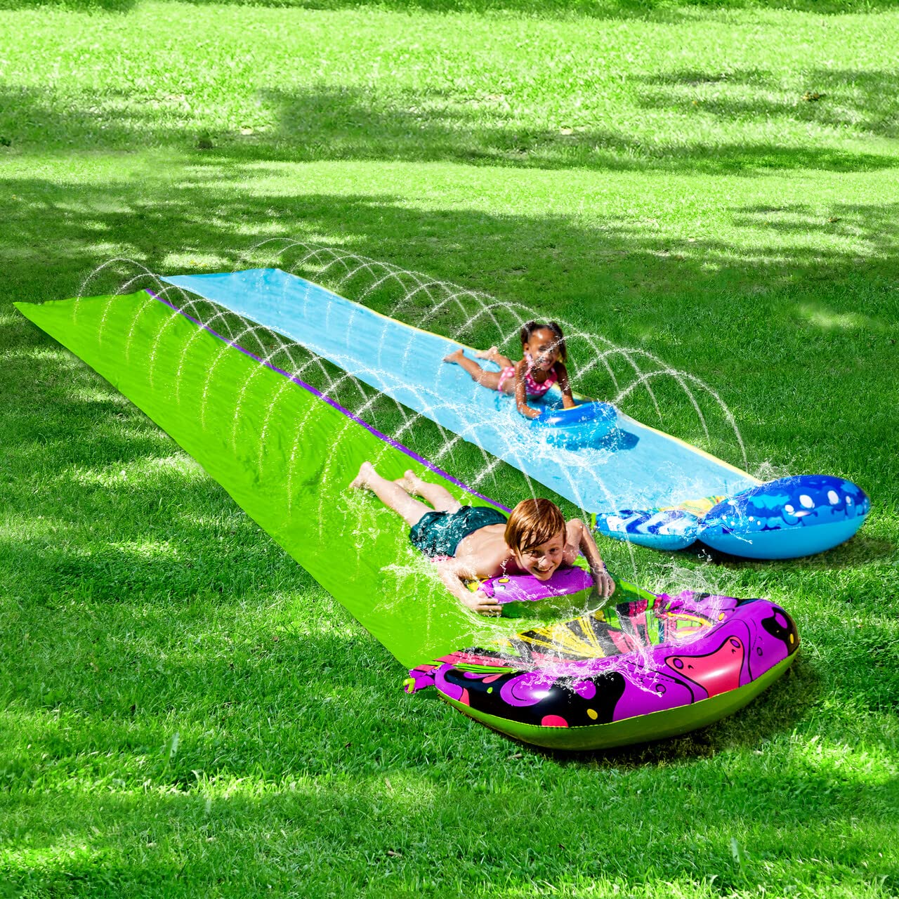 SLOOSH 2 Pack 19.2ft Water Slip Water Slide with Bodyboards, Waterslide Summer Toy with Build in Sprinkler for Backyard and Outdoor Water Toys Play