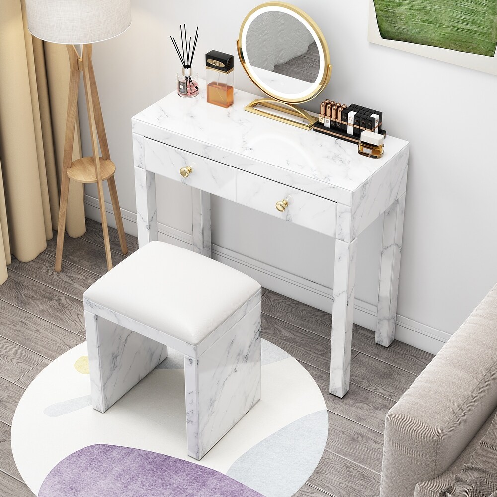 Women Dresser Table Vanity Desk  Glass White Marble Makeup Vanity Table Desk for Bedroom  Marble Texture Desk with 2 Drawers