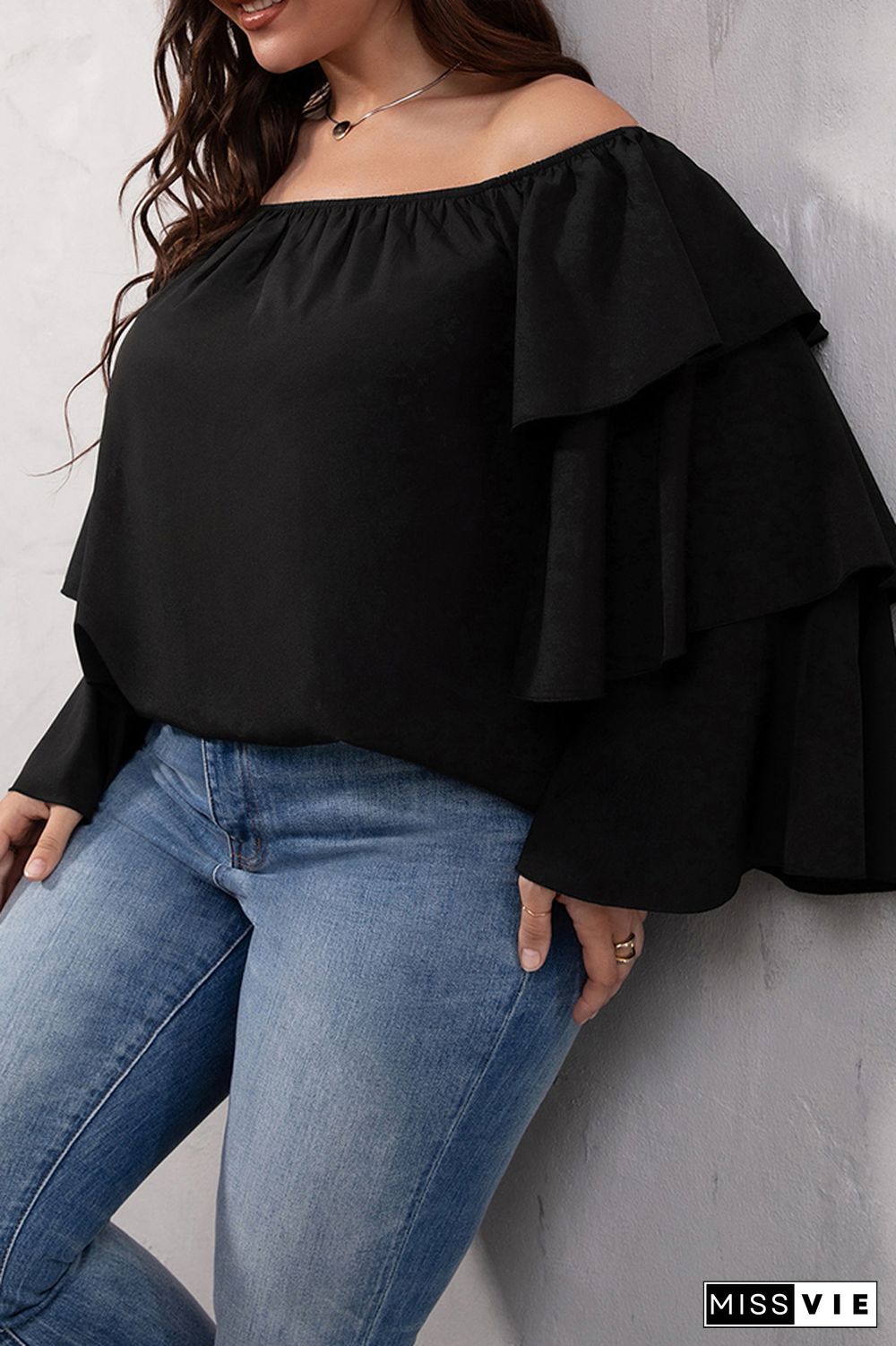 Black Off Shoulder Tiered Sleeves Plus Size Top