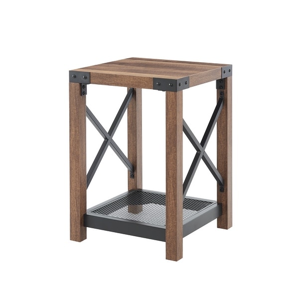 Farmhouse Wood Side Table with Mesh Shelf， 2-Tier End Table， X-Design