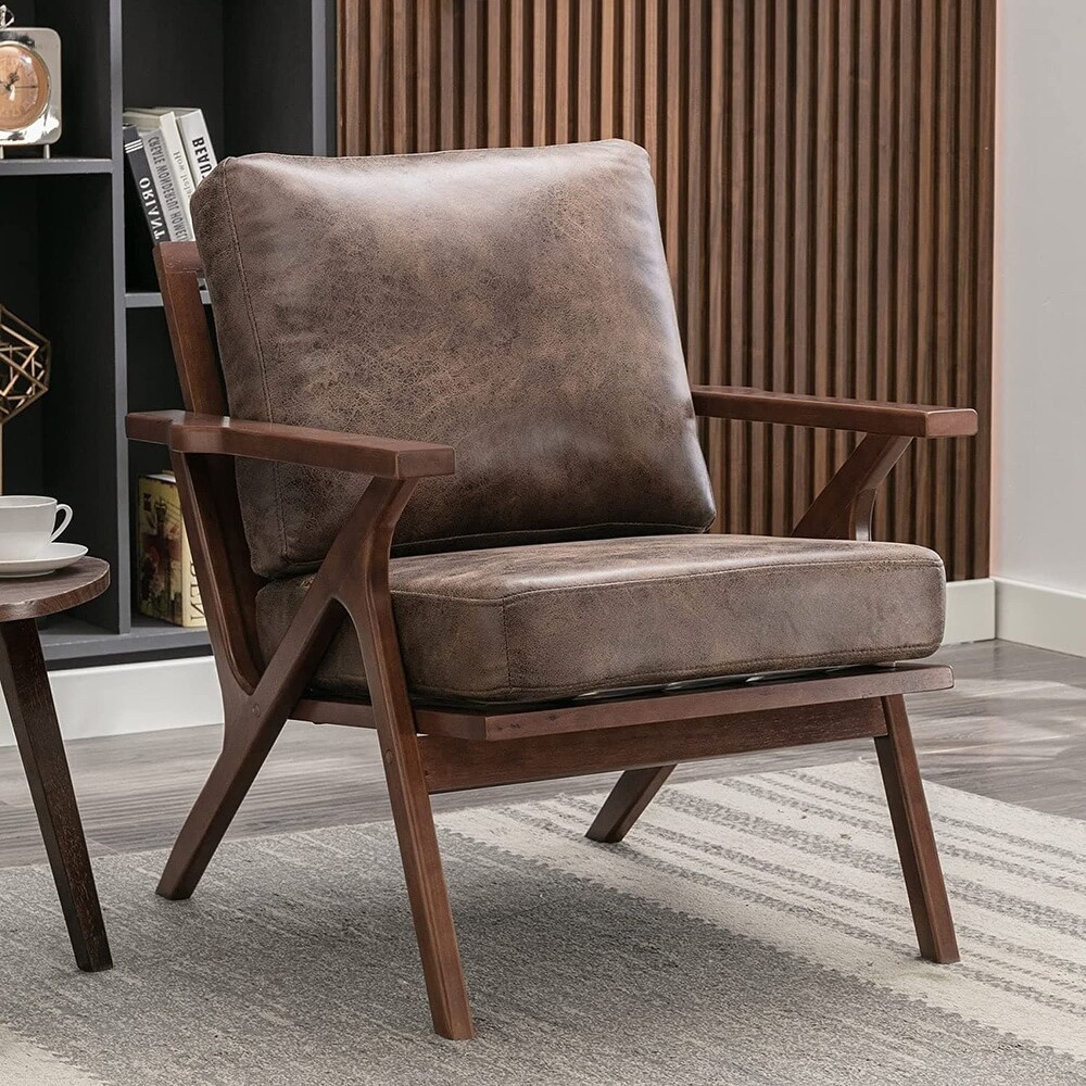 Ebello Upholstered Leather Accent Armhair with Solid Wood Frame and Removable Cushions