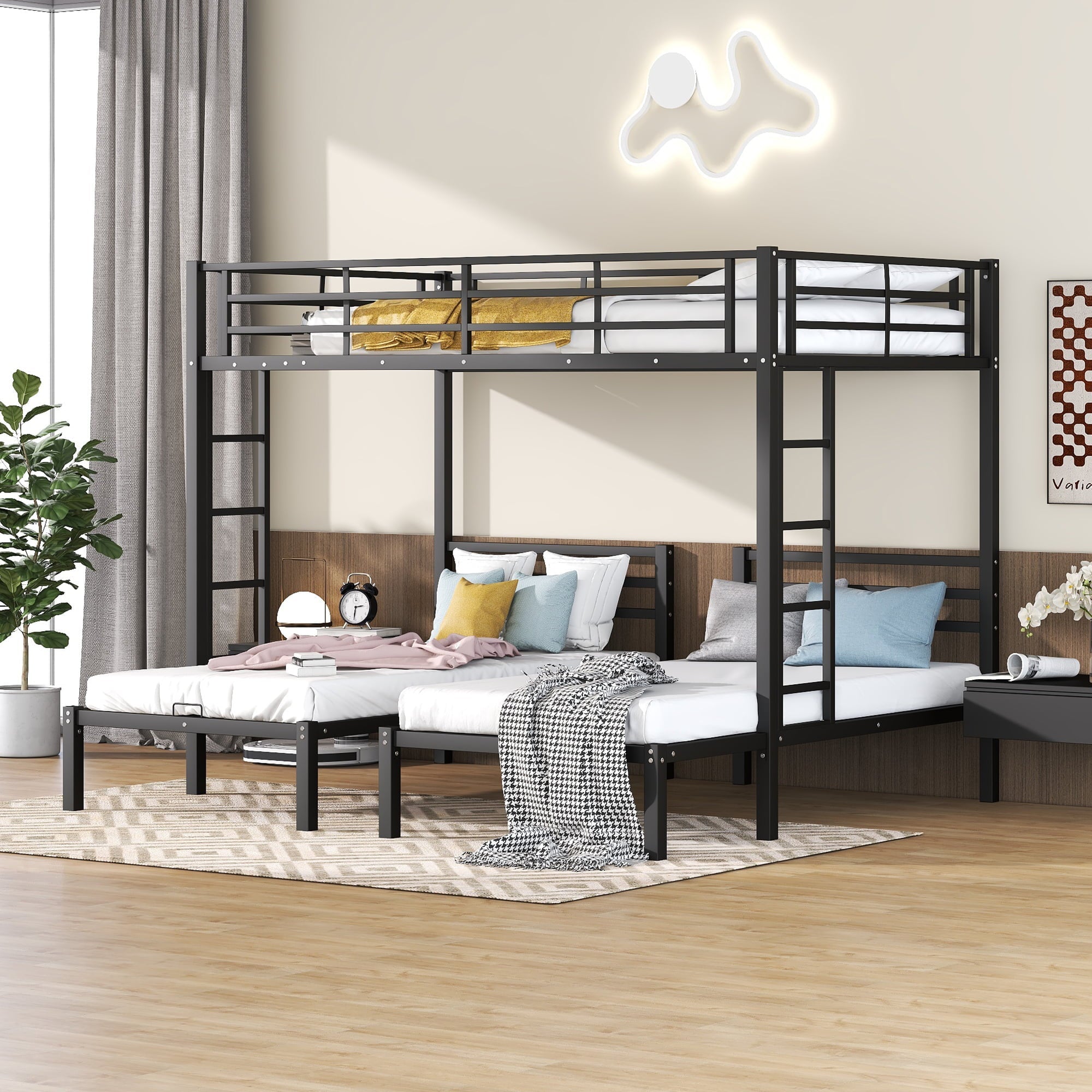 Bellemave Metal Triple Bunk Bed with Ladder, Full over Twin & Twin Bunk Bed for 3 Kids, Teens, Boys & Girl in Bedroom (Black)