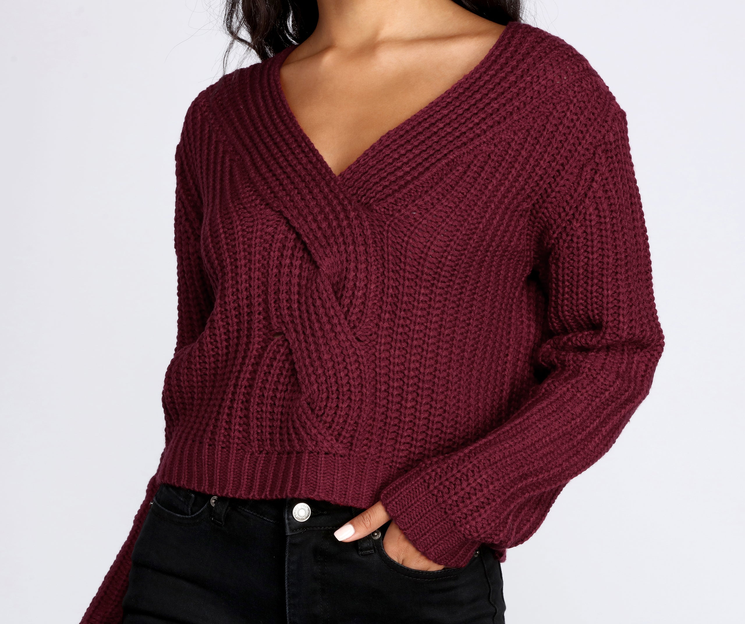 Braided Detail V-Neck Sweater