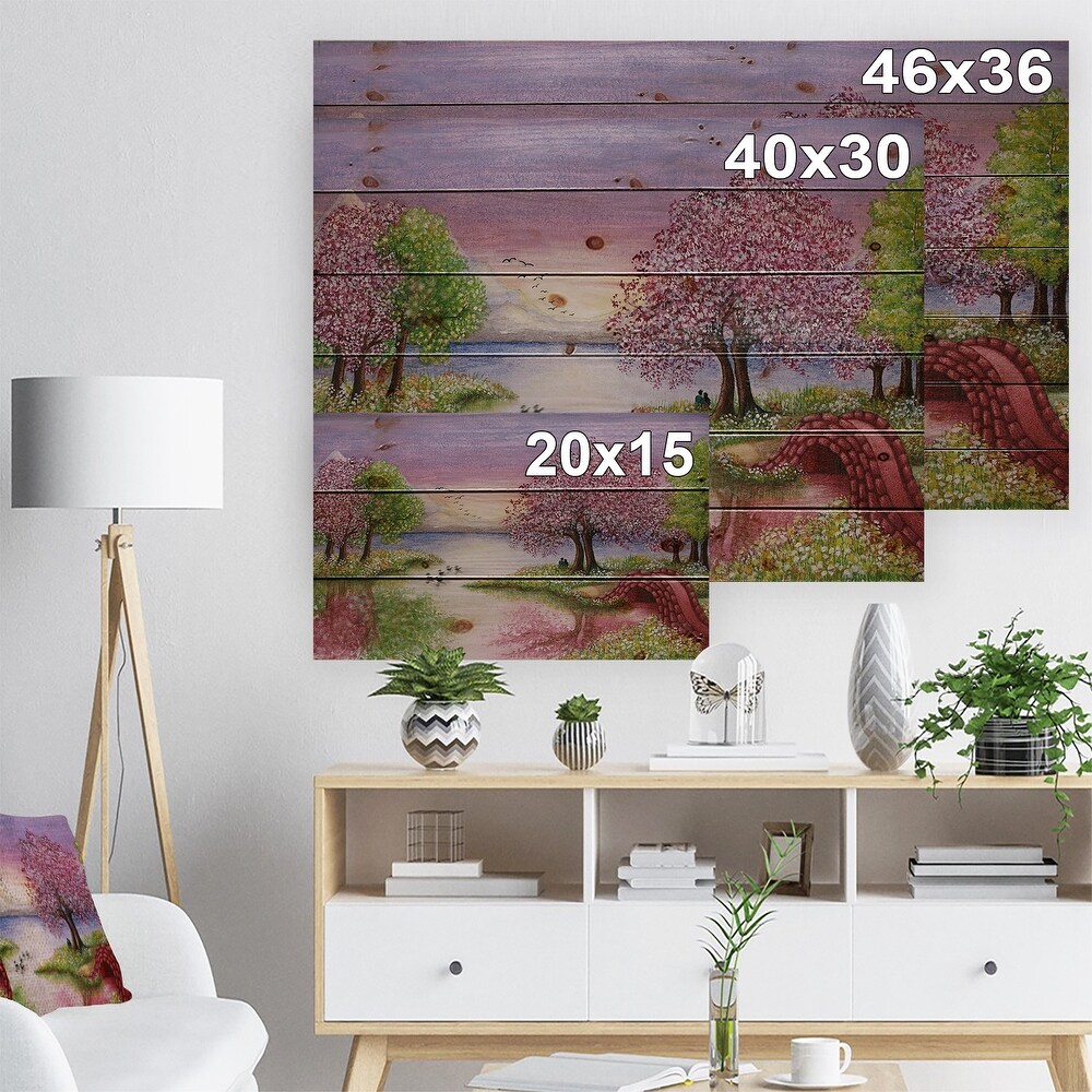 Designart 'Romantic Lake In Pink And Green' Lake House Wood Wall Art Panels   Natural Pine Wood