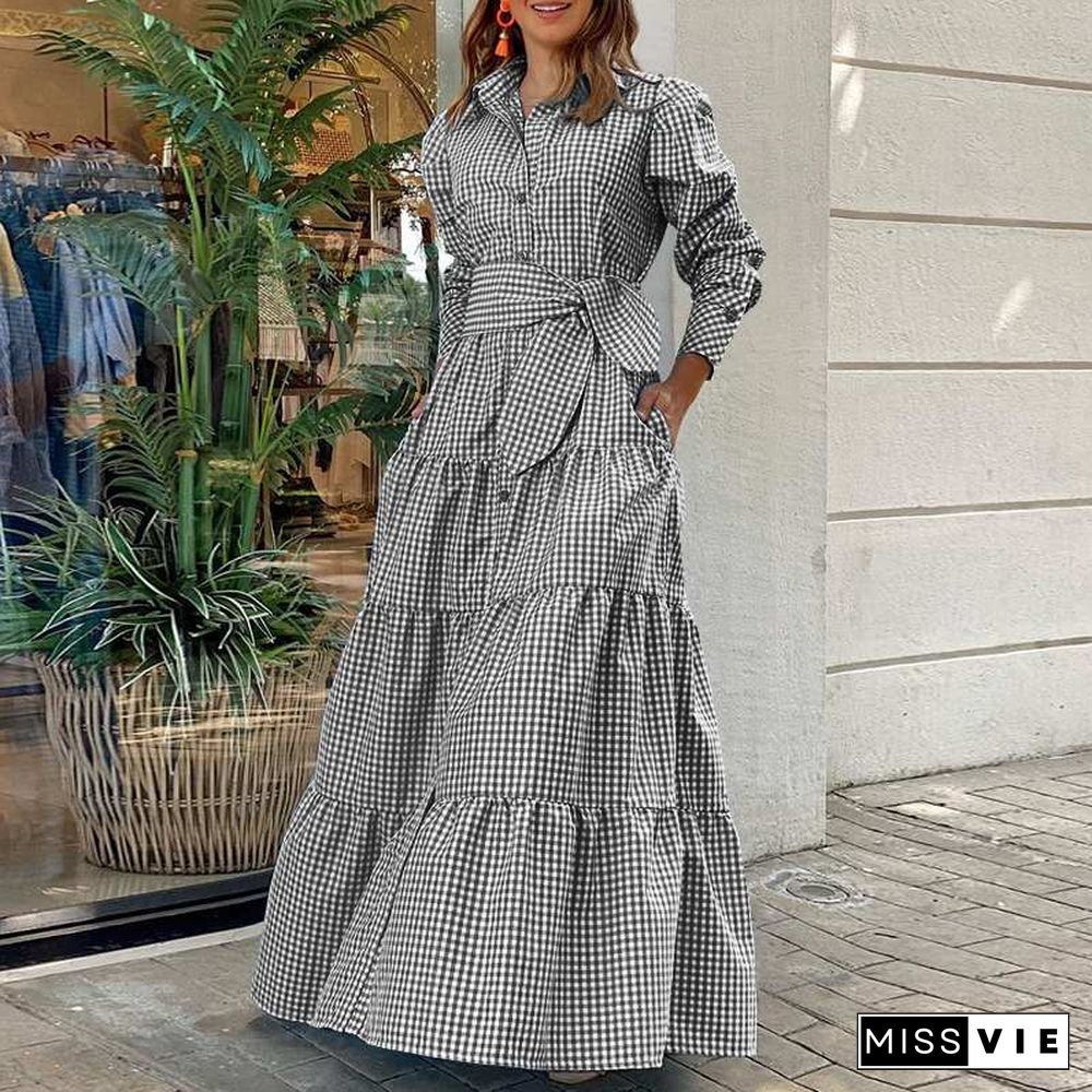 Shirt Dress Women Long Sleeve Party Dresses Casual Lapel Button Vintage Belted Pockets Sundress Plaid Printed Robes