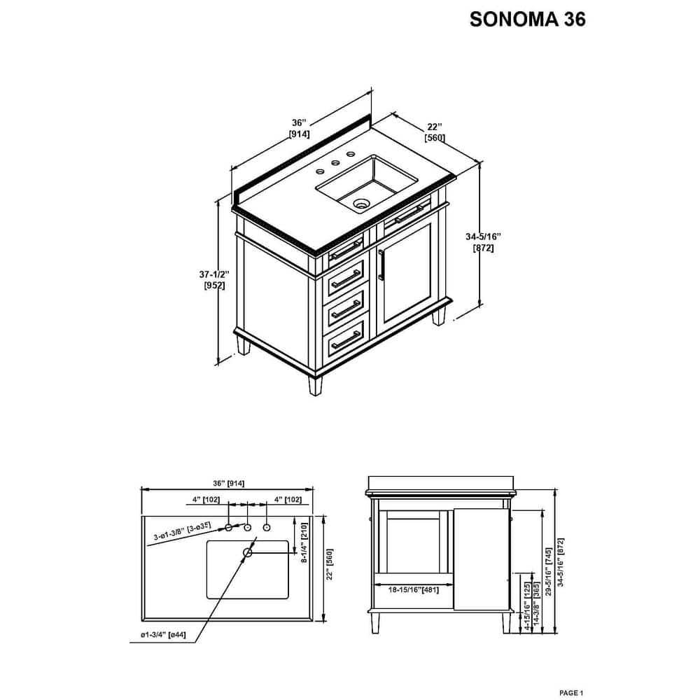 Home Decorators Collection Sonoma 36 in W x 221 in D x 345 in H Freestanding Bath Vanity in White with Carrara Marble Marble Top