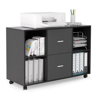 URTR Home Office Black and Dark Gray Wood Lateral File Cabinet with Drawer and Open Shelves Storage Cabinet with Wheels HY02310Y