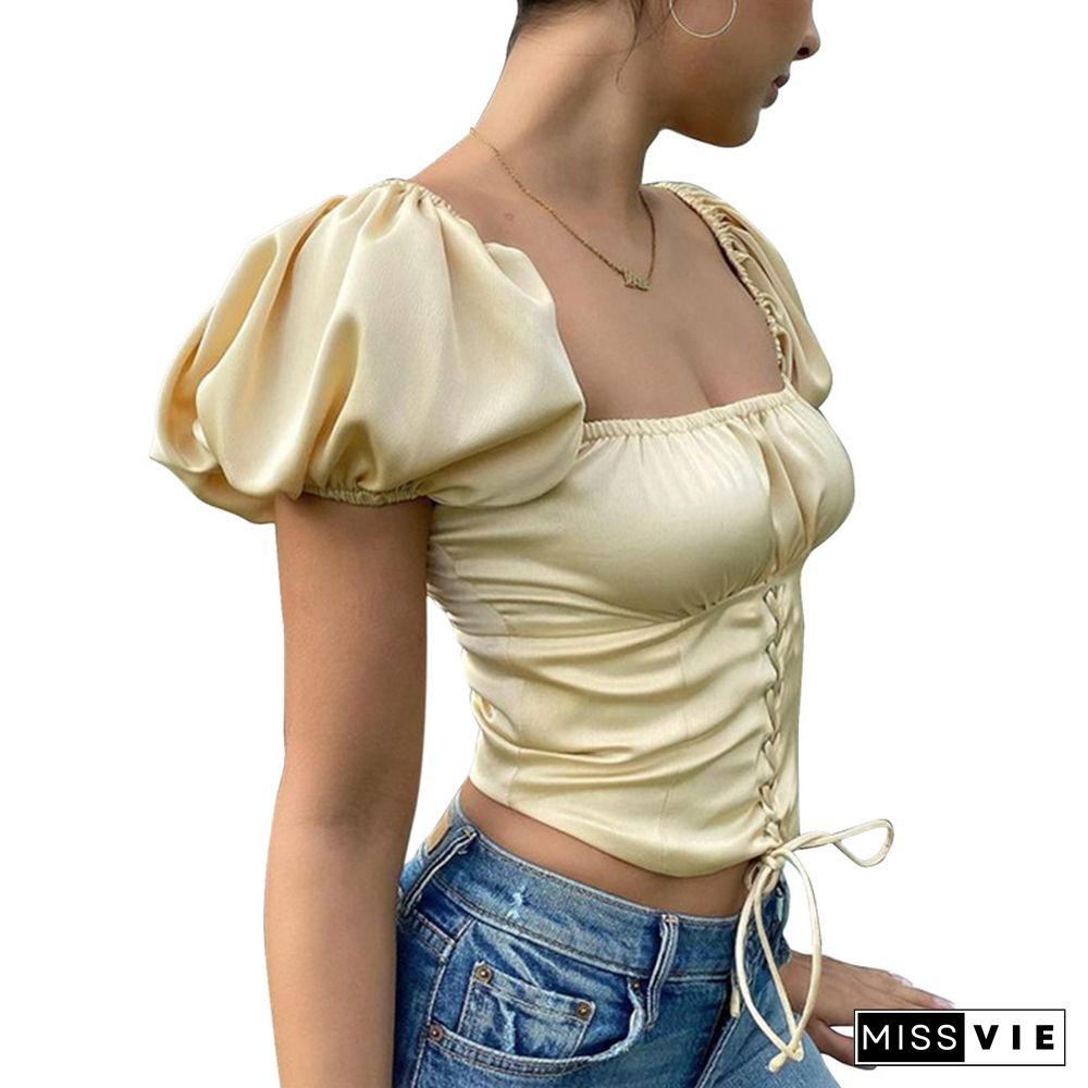 Women Crop Tops For Ladies Cute Lace Plissee Puff Short Cut Summer Square Neck Cord Train Slender T-shirt Tops