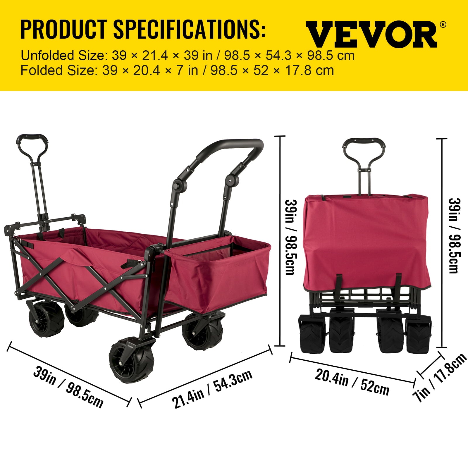 VEVORbrand Collapsible Wagon Cart Red， Foldable Wagon Cart Removable Canopy 601D Oxford Cloth， Collapsible Wagon Oversized Wheels， Portable Folding Wagon Adjustable Handles， Beach， Garden， Sports