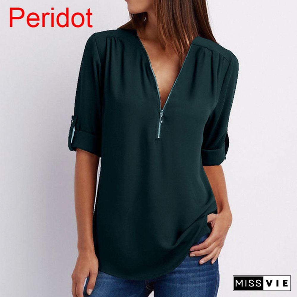 Plus Size Women's Fashion Chiffon Shirt V-neck Long Sleeve Loose Tops Zipper T-Shirt( S-4XL)