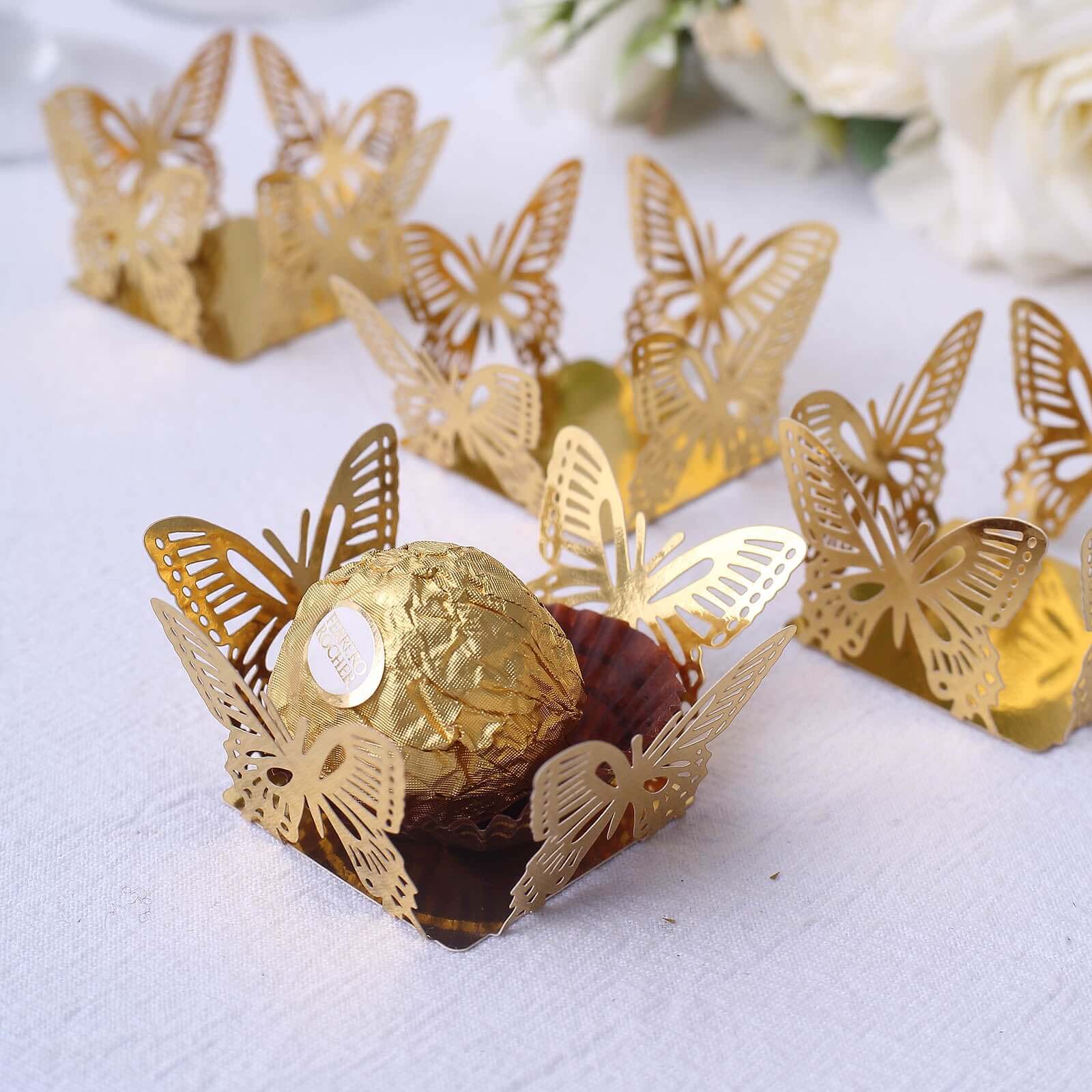 50 Pack Mini Metallic Gold Butterfly Truffle Cup Dessert Liners, Square Cupcake Tray Wrappers 225GSM 4