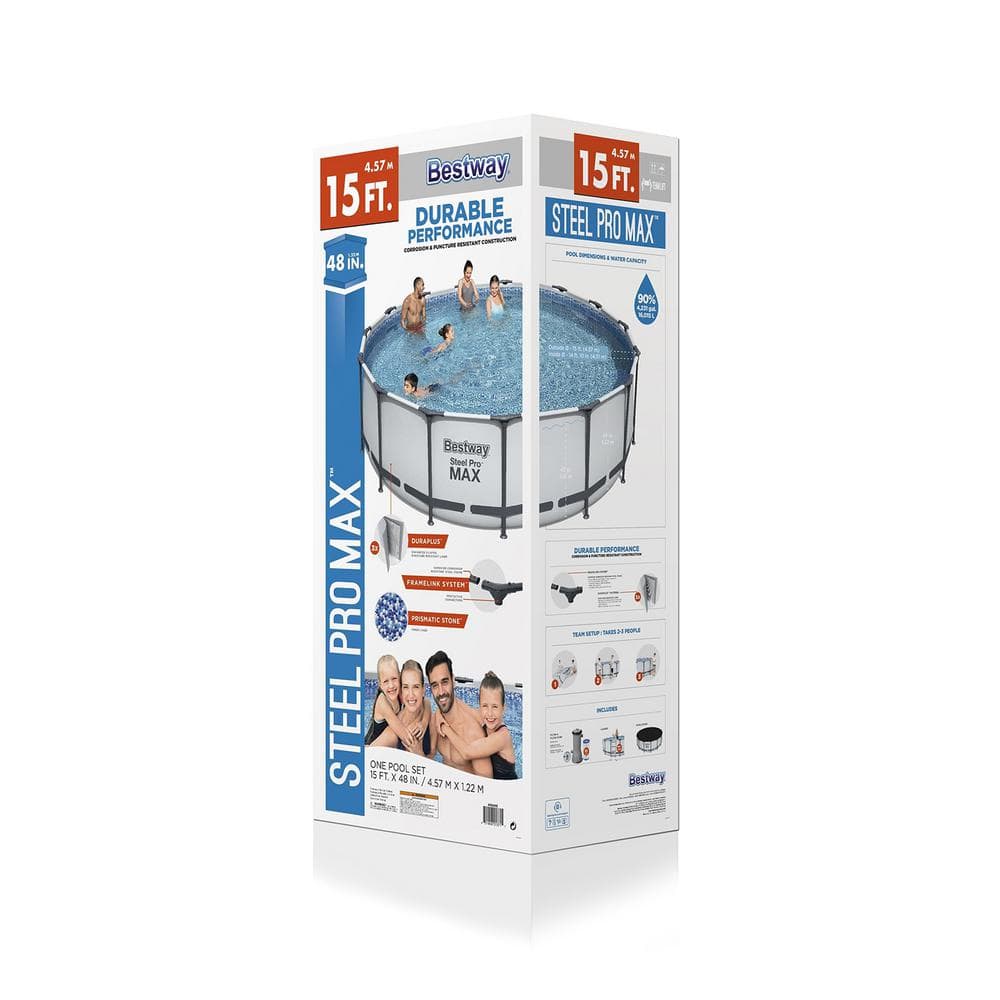 Bestway Pro MAX 15 ft. x 15 ft. Round 48 in. Deep Metal Frame Above Ground Swimming Pool with Pump & Cover 56690E-BW