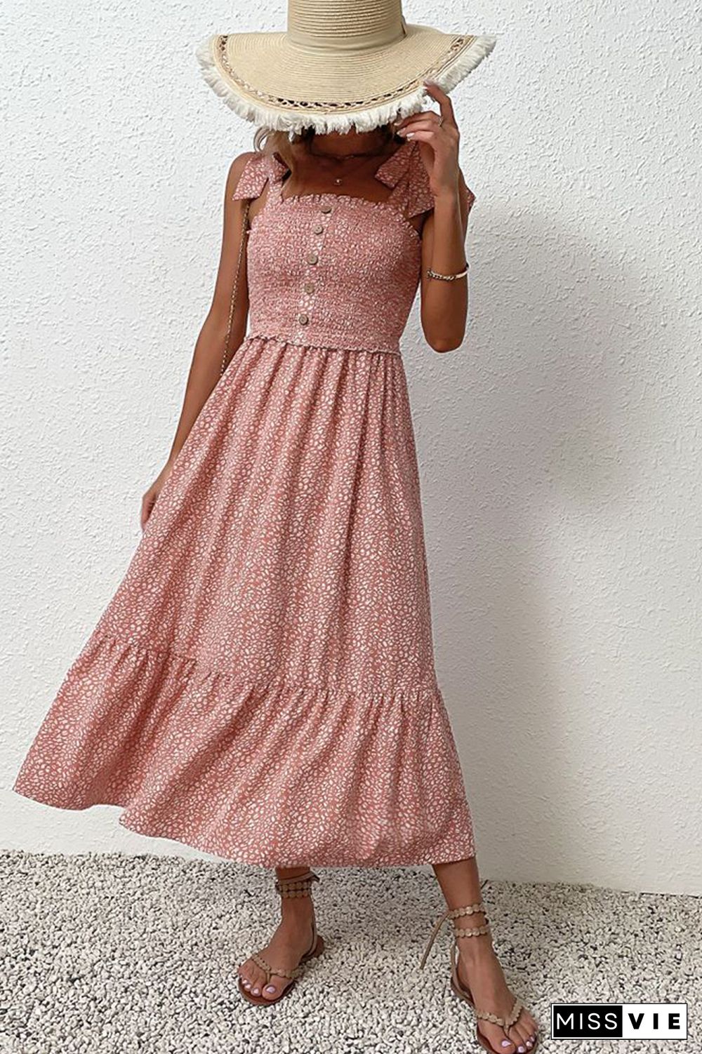 Pink Button Down Smocked Top Ruffle Floral Maxi Dress