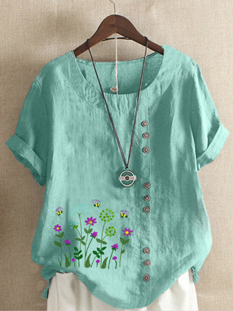 Round Neck Casual Loose Floral Print Short Sleeve Blouse