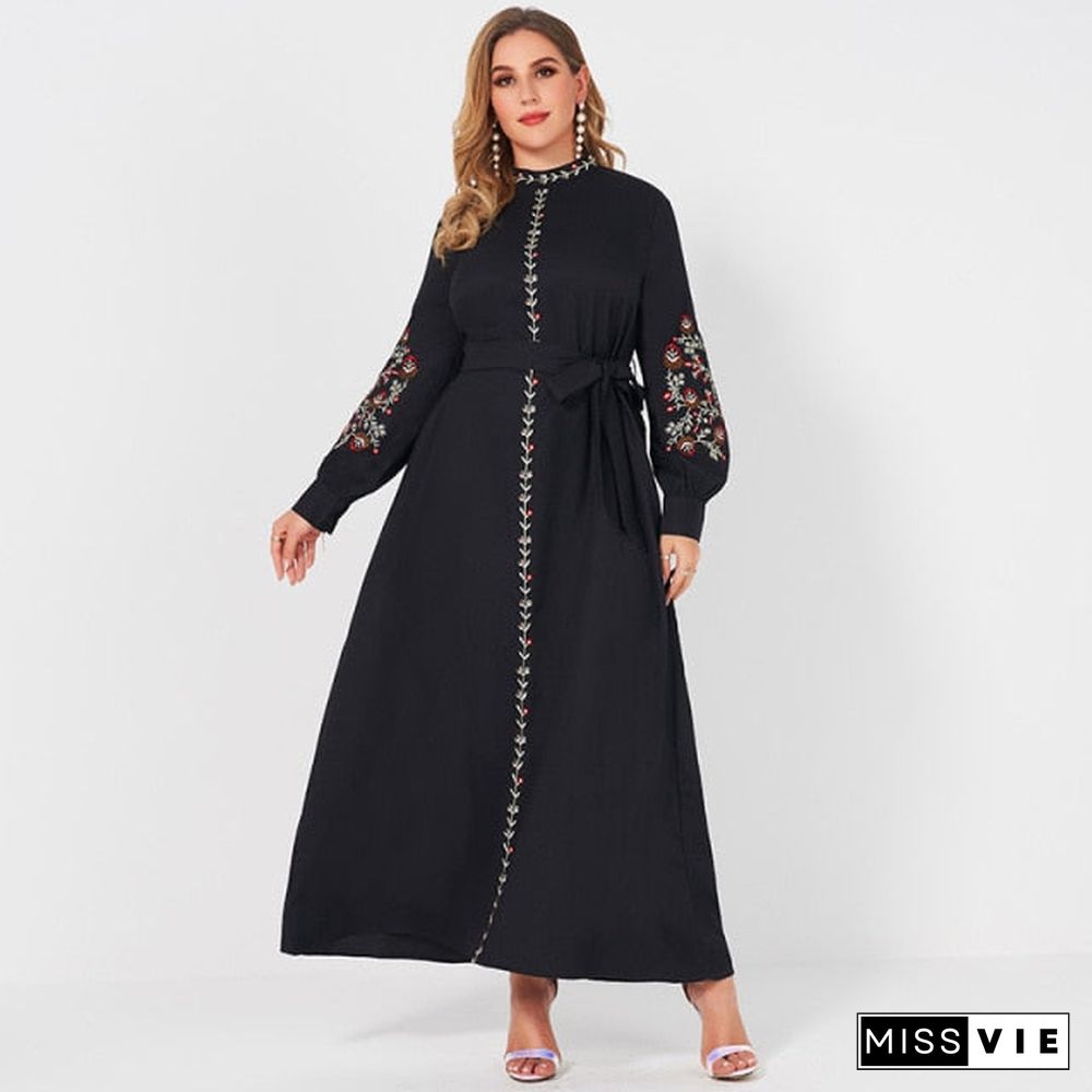 Ladies Fashion Resort Small Stand Collar Floral Embroidery Long Sleeve Loose Belt Sweet Elegant Woman Black Party Maxi Dress 4Xl