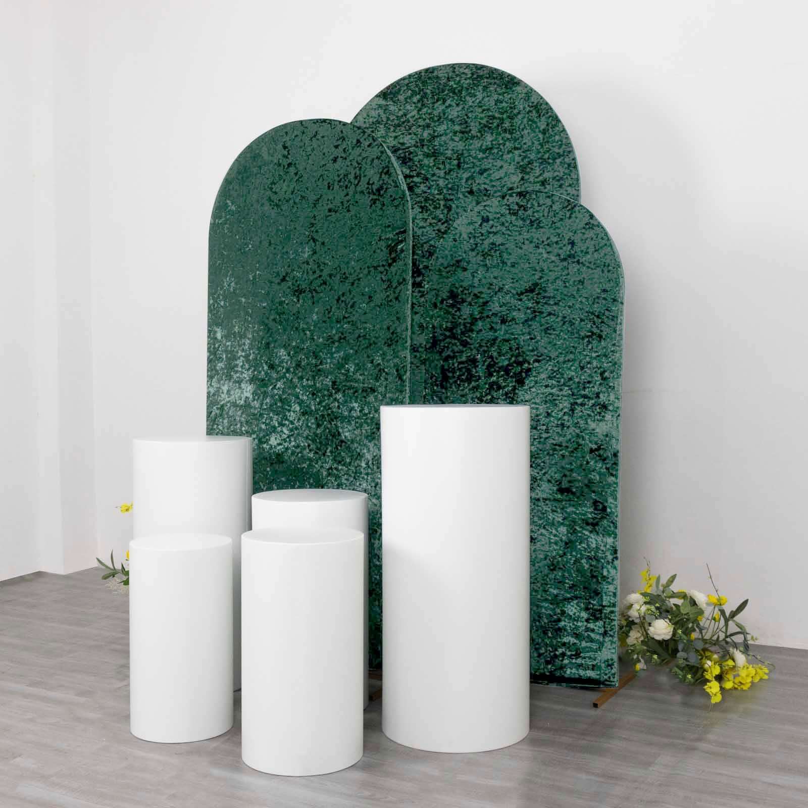 Set of 3 Hunter Emerald Green Crushed Velvet Chiara Wedding Arch Covers For Round Top Backdrop Stands 5ft, 6ft, 7ft