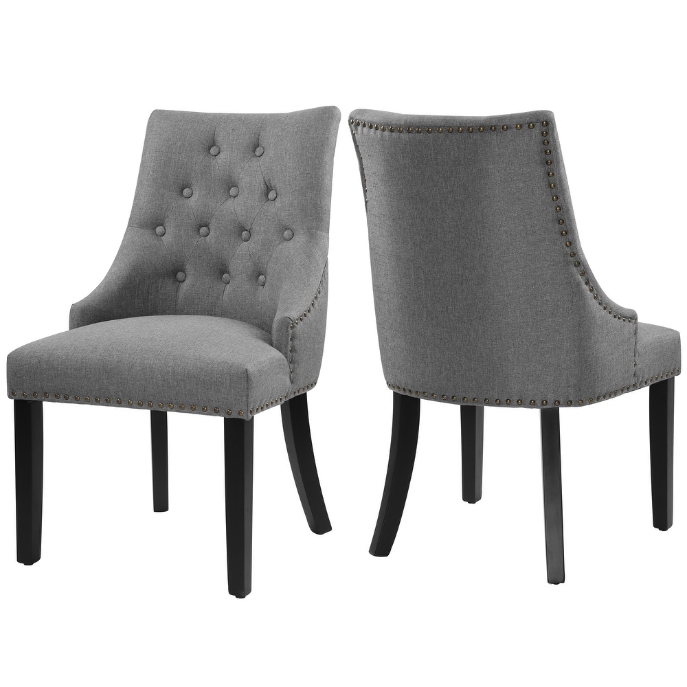 Fabric Upholstered Dining Chairs Button Tufted Nailhead Trim Accent Chairs Set of 2