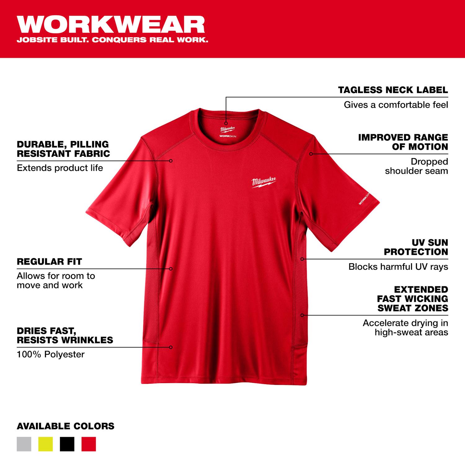 MW Workskin L Short Sleeve Men\u0027s Crew Neck Red Lightweight Performance Tee Shirt